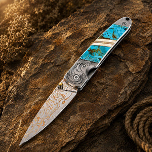 Blue-Green Kingman Turquoise 4" Copper & Brass Core Damascus | Yellowstone Spirit Southwestern Collection Collectible Knives Santa Fe Stoneworks 