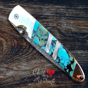 Blue Green Kingman Turquoise Damascus 4" Knife | Yellowstone Spirit Southwestern Collection Pocket Folders Santa Fe Stoneworks 