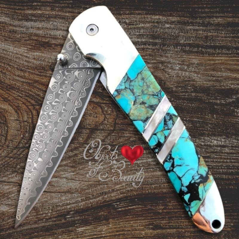 Blue Green Kingman Turquoise Damascus 4" Knife | Yellowstone Spirit Southwestern Collection Pocket Folders Santa Fe Stoneworks 