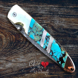 Blue Green Kingman Turquoise Damascus 4" Knife | Yellowstone Spirit Southwestern Collection Pocket Folders Santa Fe Stoneworks 