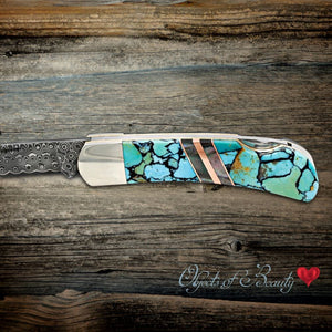 Blue/Green Turquoise 3" Lockback Copper MOP w Damascus | Yellowstone Spirit Southwestern Collection Knives Santa Fe Stoneworks 