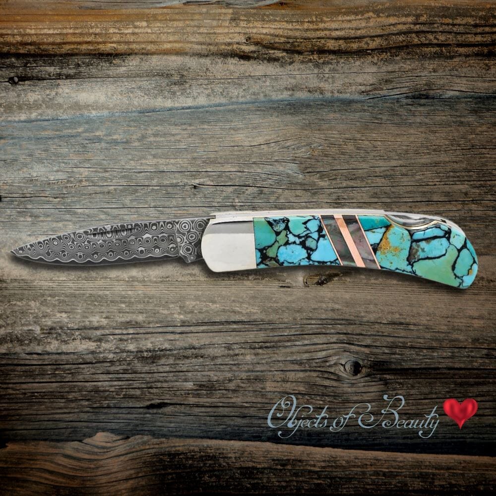 Blue/Green Turquoise 3" Lockback Copper MOP w Damascus | Yellowstone Spirit Southwestern Collection Knives Santa Fe Stoneworks 