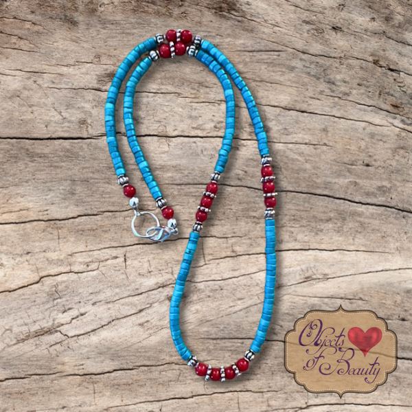 Blue Heishi Turquoise w Coral Accents Necklace | Yellowstone Spirit Southwestern Collection Turquoise Coral Necklace Objects of Beauty Southwest 