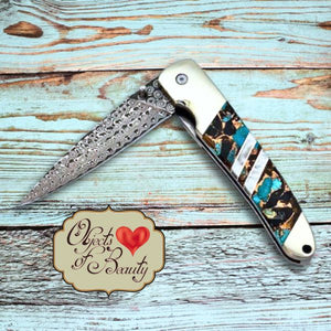 Blue Kingman Turquoise 4" Knife w Obsidian & Bronze | Damascus Blade | Yellowstone Spirit Southwestern Collection Collectible Knives Santa Fe Stoneworks 