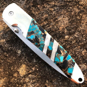 Blue Kingman Turquoise 4" Knife w Obsidian & Bronze Inlays Plain Blade | Yellowstone Spirit Southwestern Collection Knives Santa Fe Stoneworks 