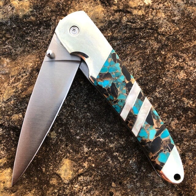 Blue Kingman Turquoise 4" Knife w Obsidian & Bronze Inlays Plain Blade | Yellowstone Spirit Southwestern Collection Knives Santa Fe Stoneworks 