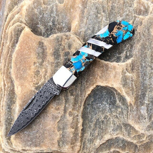 Blue Kingman Turquoise-Obsidian-Bronze 3" Damascus Knife | Yellowstone Spirit Southwestern Collection Knives Santa Fe Stoneworks 