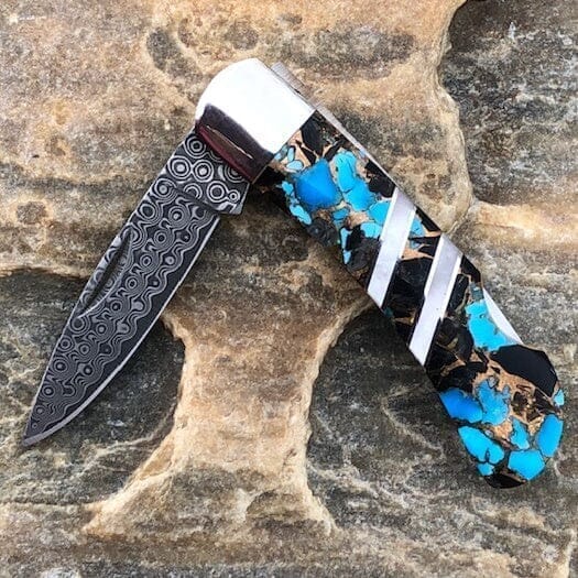Blue Kingman Turquoise-Obsidian-Bronze 3" Damascus Knife | Yellowstone Spirit Southwestern Collection Knives Santa Fe Stoneworks 
