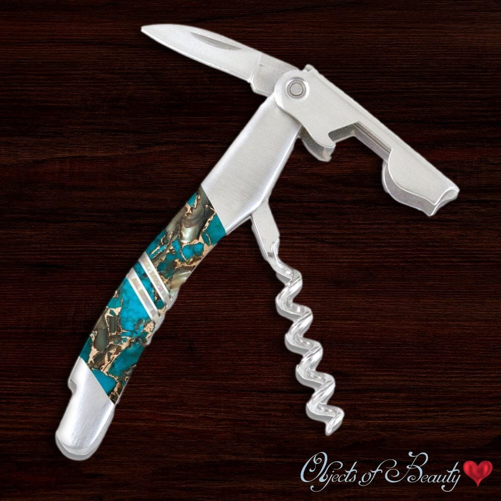 Blue Kingman Turquoise / Obsidian w Bronze and MOP Corkscrew | Santa Fe Stoneworks | Yellowstone Spirit Corkscrew Santa Fe Stoneworks 