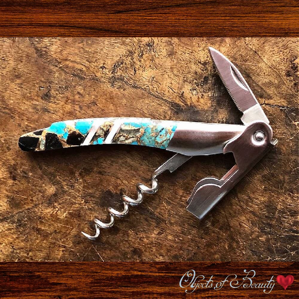 Blue Kingman Turquoise / Obsidian w Bronze and MOP Corkscrew | Santa Fe Stoneworks | Yellowstone Spirit Corkscrew Santa Fe Stoneworks 