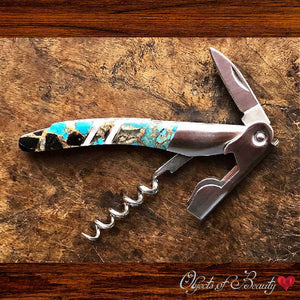 Blue Kingman Turquoise / Obsidian w Bronze and MOP Corkscrew | Santa Fe Stoneworks | Yellowstone Spirit Corkscrew Santa Fe Stoneworks 