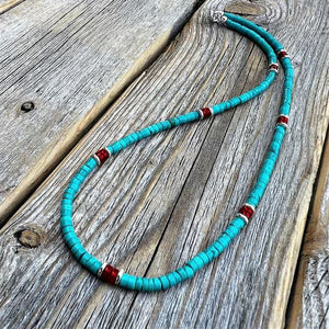 Blue Turquoise & Coral w Silver Accents Necklace | Yellowstone Spirit Southwestern Collection * Turquoise Coral Necklace Objects of Beauty Southwest 