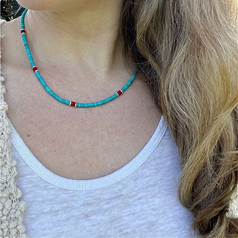 Blue Turquoise & Coral w Silver Accents Necklace | Yellowstone Spirit Southwestern Collection * Turquoise Coral Necklace Objects of Beauty Southwest 
