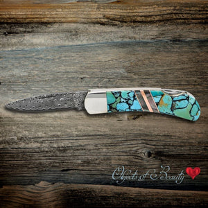 Blue/Green Turquoise 3" Lockback Copper MOP w Damascus | Yellowstone Spirit Southwestern Collection Knives Santa Fe Stoneworks 