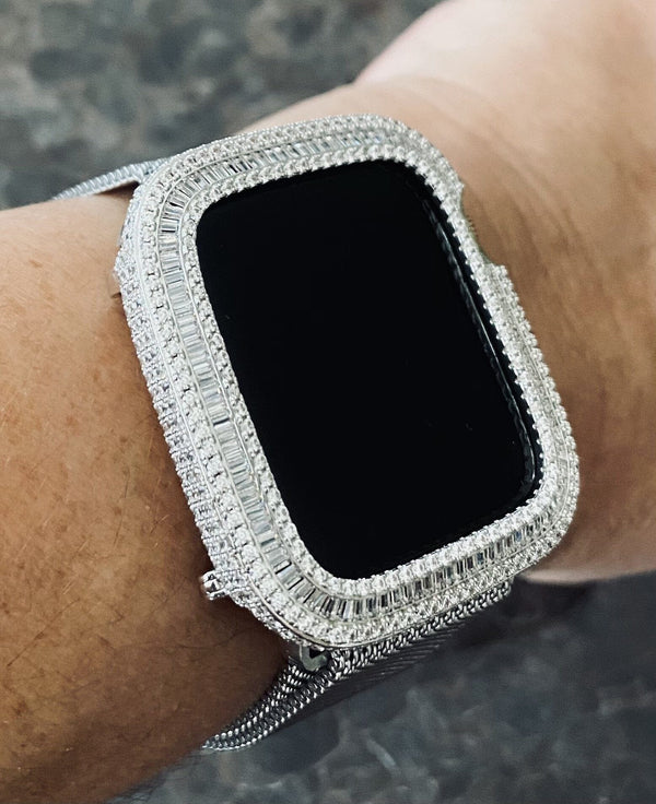 Apple Watch case bezel white gold and baguette and round baguette lab diamonds Series 4-9 White Gold Bling Baguette Bezel Lab Diamond Apple  main image 2