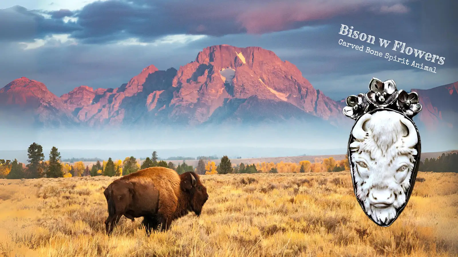 Carved bone bison head pendant with floral crown detailing.