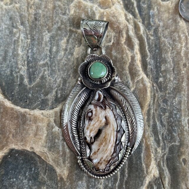 Carved Bone Horse Pendant Necklace w Green Turquoise Stud | Yellowstone Spirit Southwestern Collection Turquoise Necklace Objects of Beauty Southwest 
