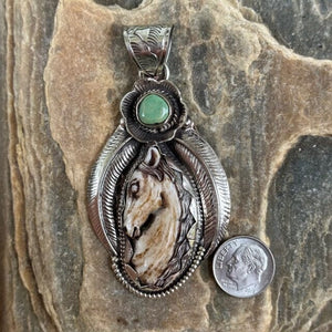 Carved Bone Horse Pendant Necklace w Green Turquoise Stud | Yellowstone Spirit Southwestern Collection Turquoise Necklace Objects of Beauty Southwest 