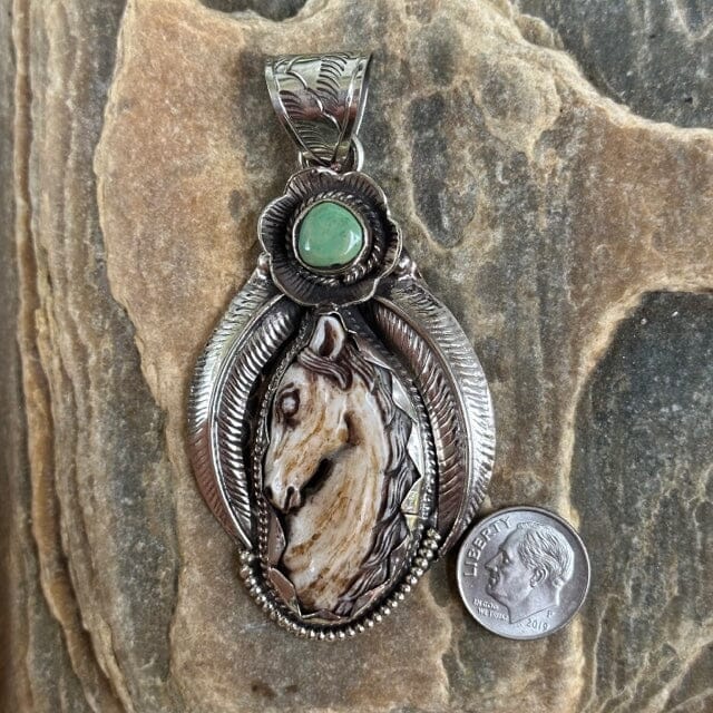 Carved Bone Horse Pendant Necklace w Green Turquoise Stud | Yellowstone Spirit Southwestern and Spirit Animal Collection Turquoise Necklace Objects of Beauty Southwest 