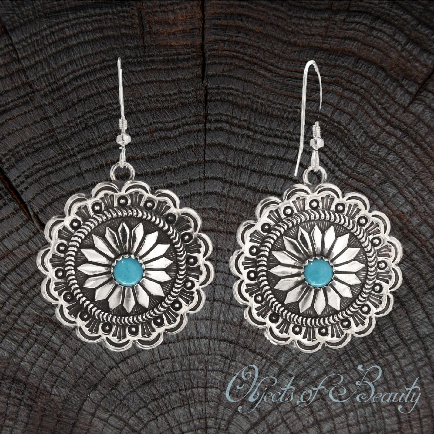 Concho Star Flower Turquoise Earrings Wire Drop | Native American Crafted Turquoise Earrings ObjectsOfBeauty Southwest 