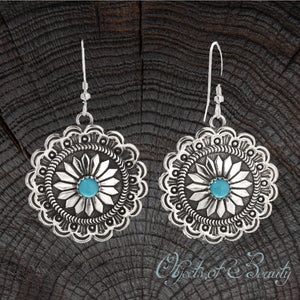 Concho Star Flower Turquoise Earrings Wire Drop | Native American Crafted Turquoise Earrings ObjectsOfBeauty Southwest 