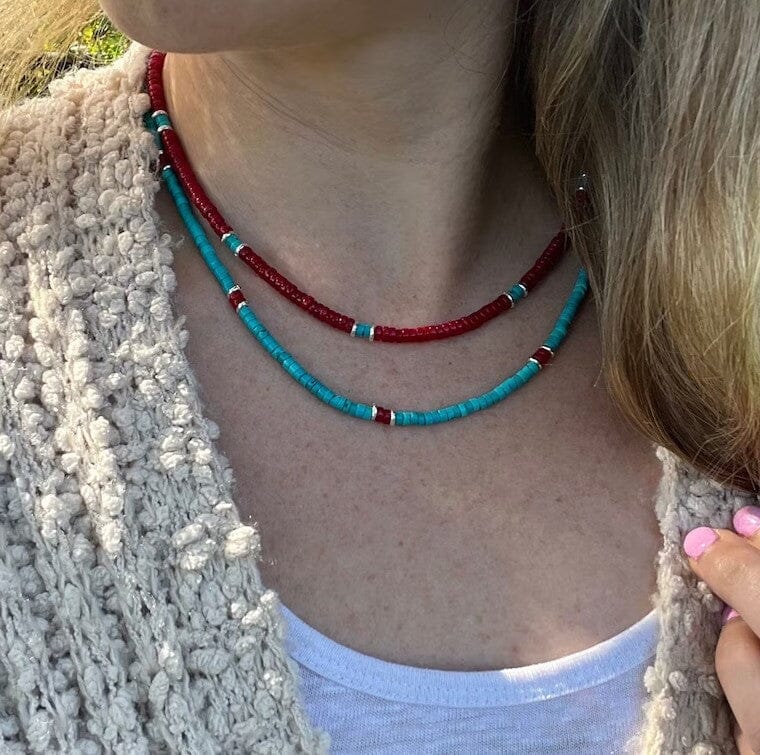 Navajo Jewelry Natural Coral and Turquoise Jocla Necklace - PuebloDirect.com