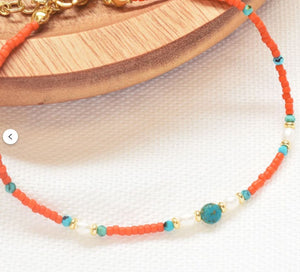 Dainty Coral-Colored Bracelet with Miyuki and Turquoise Beads with Freshwater Pearl Accents and Gold Clasp | Yellowstone Spirit Southwestern Collection Coral Bracelet Objects Of Beauty Southwest 