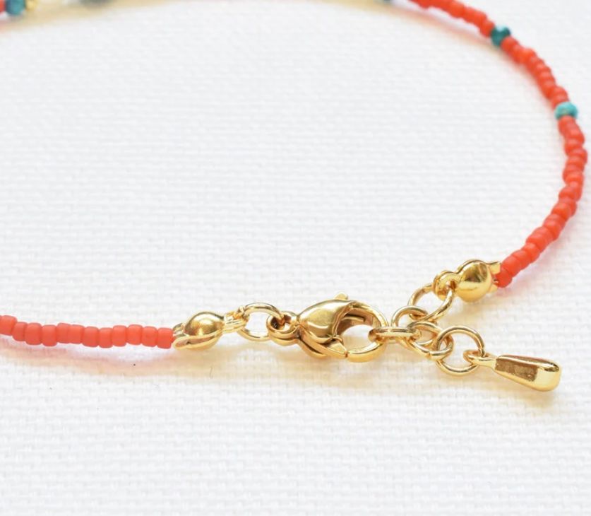 Dainty Coral-Colored Bracelet with Miyuki and Turquoise Beads with Freshwater Pearl Accents and Gold Clasp | Yellowstone Spirit Southwestern Collection Coral Bracelet Objects Of Beauty Southwest 