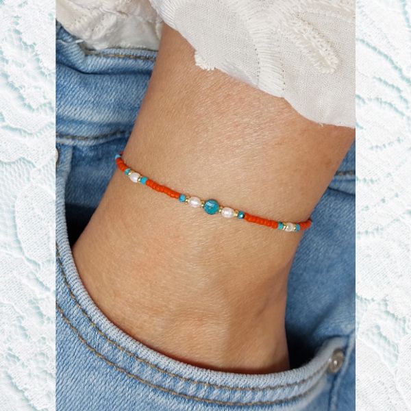 Dainty Coral-Colored Bracelet with Miyuki and Turquoise Beads with Freshwater Pearl Accents and Gold Clasp | Yellowstone Spirit Southwestern Collection Coral Bracelet Objects Of Beauty Southwest 