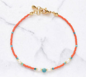 Dainty Coral-Colored Bracelet with Miyuki and Turquoise Beads with Freshwater Pearl Accents and Gold Clasp | Yellowstone Spirit Southwestern Collection Coral Bracelet Objects Of Beauty Southwest 