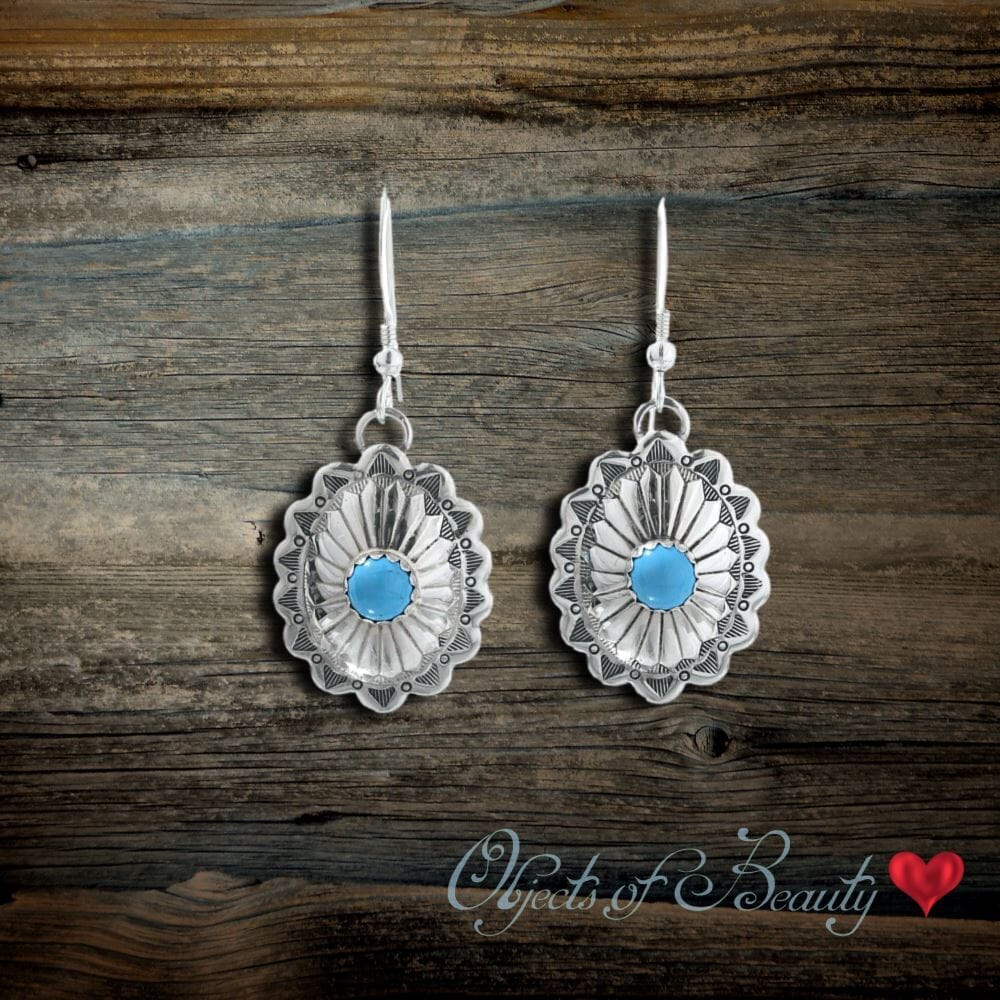 Darling Silver Oval Concho Earrings w Turquoise Stone Earrings Objects of Beauty Southwest 