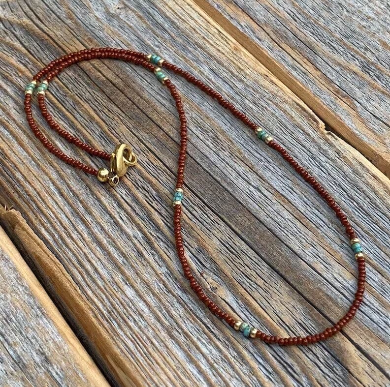 Delicate Brown & Turquoise Beaded Necklace w Gold Accents Necklace | Yellowstone Spirit Southwestern Collection Turquoise Beaded Necklace Objects of Beauty Southwest 