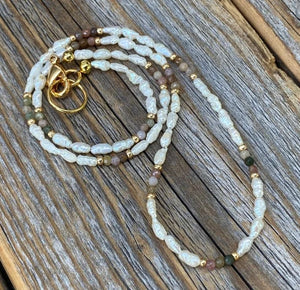 Delicate Pearl Gold and Fancy Jasper Multi-Colored Necklace | Yellowstone Spirit Southwestern Collection Pearl Jasper Necklace Objects of Beauty Southwest 