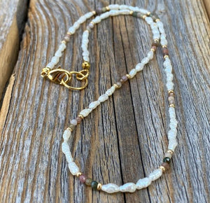 Delicate Pearl Gold and Fancy Jasper Multi-Colored Necklace | Yellowstone Spirit Southwestern Collection Pearl Jasper Necklace Objects of Beauty Southwest 