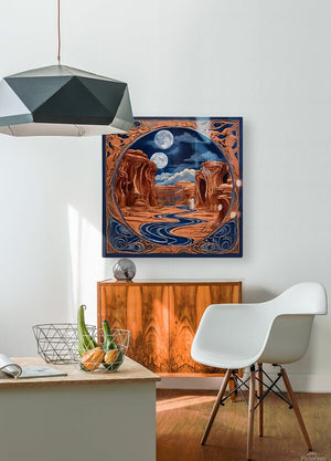 Double Moon Haunted Canyon | Andrea Record Fine Art | Yellowstone Spirit Southwestern Collection Painting Print Andrea Record Fine Art HD Sublimation Metal Print 8x8inches (21x21cm) 