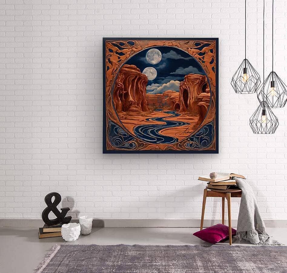 Double Moon Haunted Canyon | Andrea Record Fine Art | Yellowstone Spirit Southwestern Collection Painting Print Andrea Record Fine Art Wood Print 8x8inches (21x21cm) 