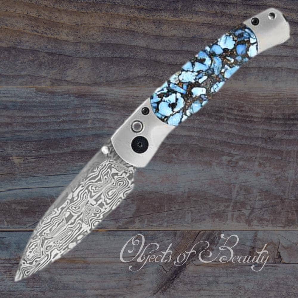 EL Rey Blue Kingman Nugget Turquoise Knife w Damasteel Blade | Yellowstone Spirit Southwestern Collection Collectible Knives Santa Fe Stoneworks 