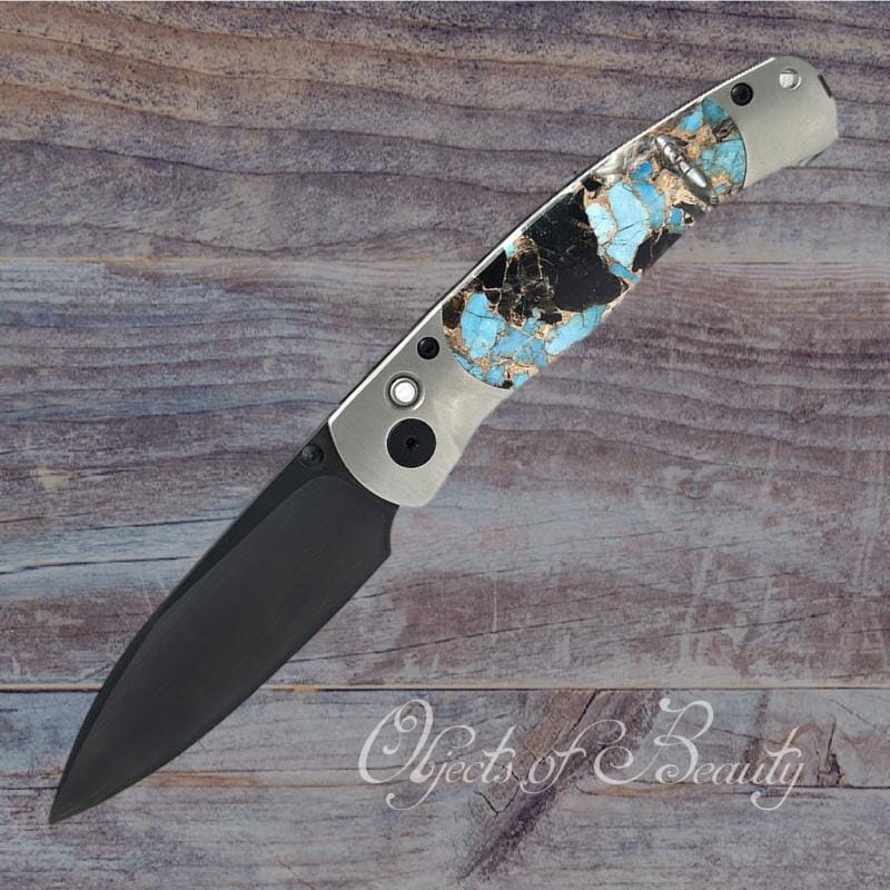 El Rey Blue Kingman Turquoise Obsidian Bronze Knife w Black DLC Blade Titanium Body | Yellowstone Spirit Southwestern Collection Knives Santa Fe Stoneworks 