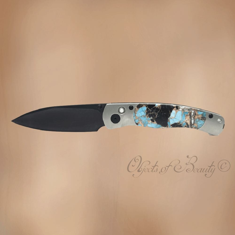 El Rey Blue Kingman Turquoise Obsidian Bronze Knife w Black DLC Blade Titanium Body | Yellowstone Spirit Southwestern Collection Knives Santa Fe Stoneworks 