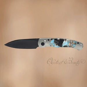 El Rey Blue Kingman Turquoise Obsidian Bronze Knife w Black DLC Blade Titanium Body | Yellowstone Spirit Southwestern Collection Knives Santa Fe Stoneworks 