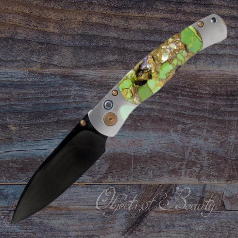 El Rey Green Mohave Turquoise Abalone and Bronze w Black Blade | Yellowstone Spirit Southwestern Collection Knives Santa Fe Stoneworks 