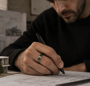 Fenestra Titanium Silver with Black Inlays Ring by Luca Vale Collectible ring Luca Vale 