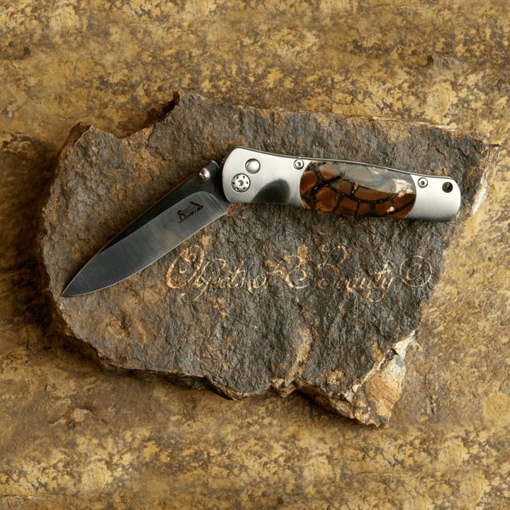 Fossilized Woolly Mammoth 3-3/4" Button Lock Knife with Titanium Frame | Yellowstone Spirit Knives Santa Fe Stoneworks 