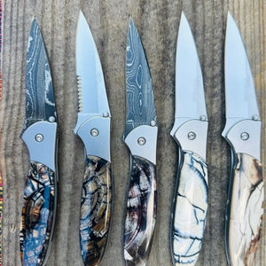 Fossilized Woolly Mammoth Kershaw Leek 4" Knife w Black Damascus Blade USA | Yellowstone Spirit Collectible Knives Santa Fe Stoneworks 