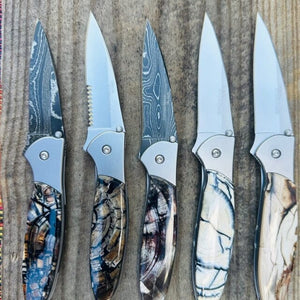 Fossilized Woolly Mammoth Kershaw Leek 4" Knife w Black Damascus Blade USA | Yellowstone Spirit Collectible Knives Santa Fe Stoneworks 