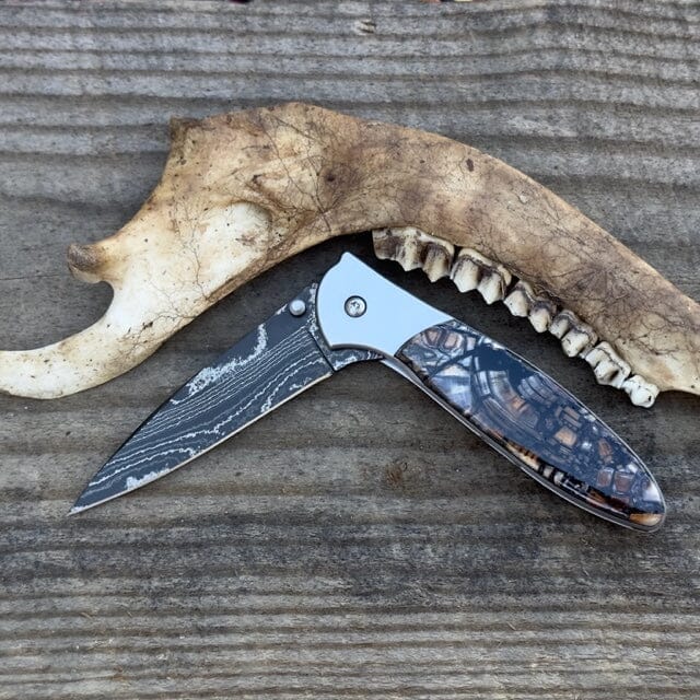 Fossilized Woolly Mammoth Kershaw Leek 4" Knife w Black Damascus Blade USA | Yellowstone Spirit Collectible Knives Santa Fe Stoneworks 
