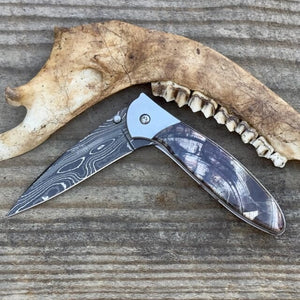 Fossilized Woolly Mammoth Kershaw Leek 4" Knife w Black Damascus Blade USA | Yellowstone Spirit Collectible Knives Santa Fe Stoneworks 