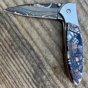 Fossilized Woolly Mammoth Kershaw Leek 4" Knife w Black Damascus Blade USA | Yellowstone Spirit Collectible Knives Santa Fe Stoneworks 