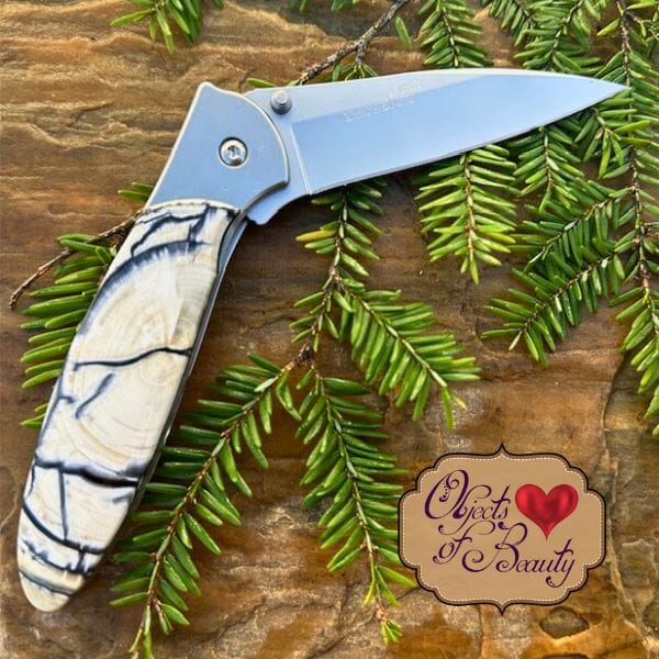 Fossilized Woolly Mammoth Kershaw Leek w Plain Blade in Ivory & Grey | Yellowstone Spirit and Spirit Animal Collection Collectible Knives Santa Fe Stoneworks 