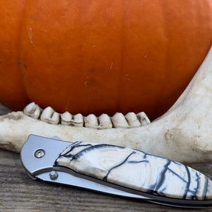 Fossilized Woolly Mammoth Kershaw Leek w Plain Blade in Ivory & Grey | Yellowstone Spirit and Spirit Animal Collection Collectible Knives Santa Fe Stoneworks 